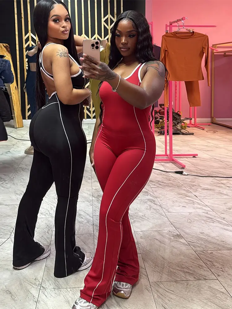 Nibber Sporty Panelled Stripe Women Jumpsuits Casual Summer O-neck Sleeveless Backless Skinny Overalls Female Active One Piece