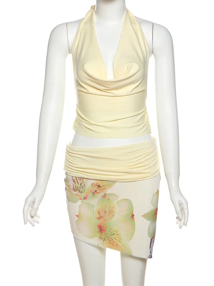 Nibber Fashion Two-Piece Set Women Halter Backless Swing Collar Tops+Wear Both Front And Back Patchwork Skirts Matching Suits