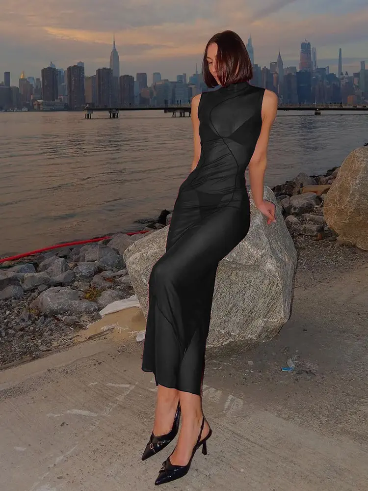 Nibber Sexy Mesh See Through Dress Women Lines Patchwork Turtleneck Sleeveless Midnight Prom Party Elegant Ruffles Long Bodycon