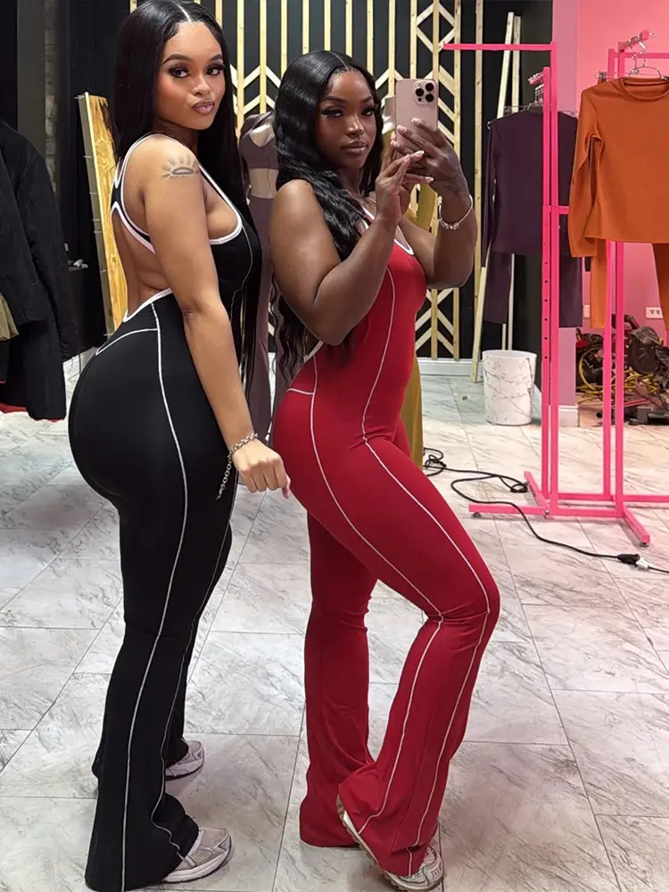 Nibber Sporty Panelled Stripe Women Jumpsuits Casual Summer O-neck Sleeveless Backless Skinny Overalls Female Active One Piece