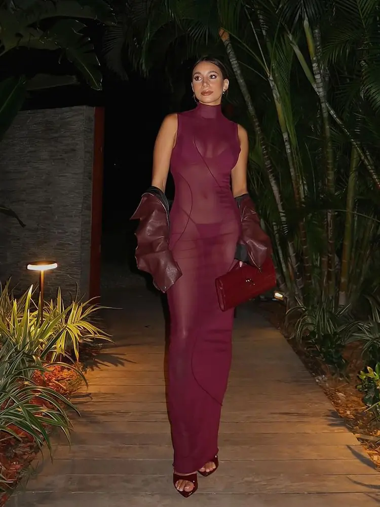 Nibber Sexy Mesh See Through Dress Women Lines Patchwork Turtleneck Sleeveless Midnight Prom Party Elegant Ruffles Long Bodycon