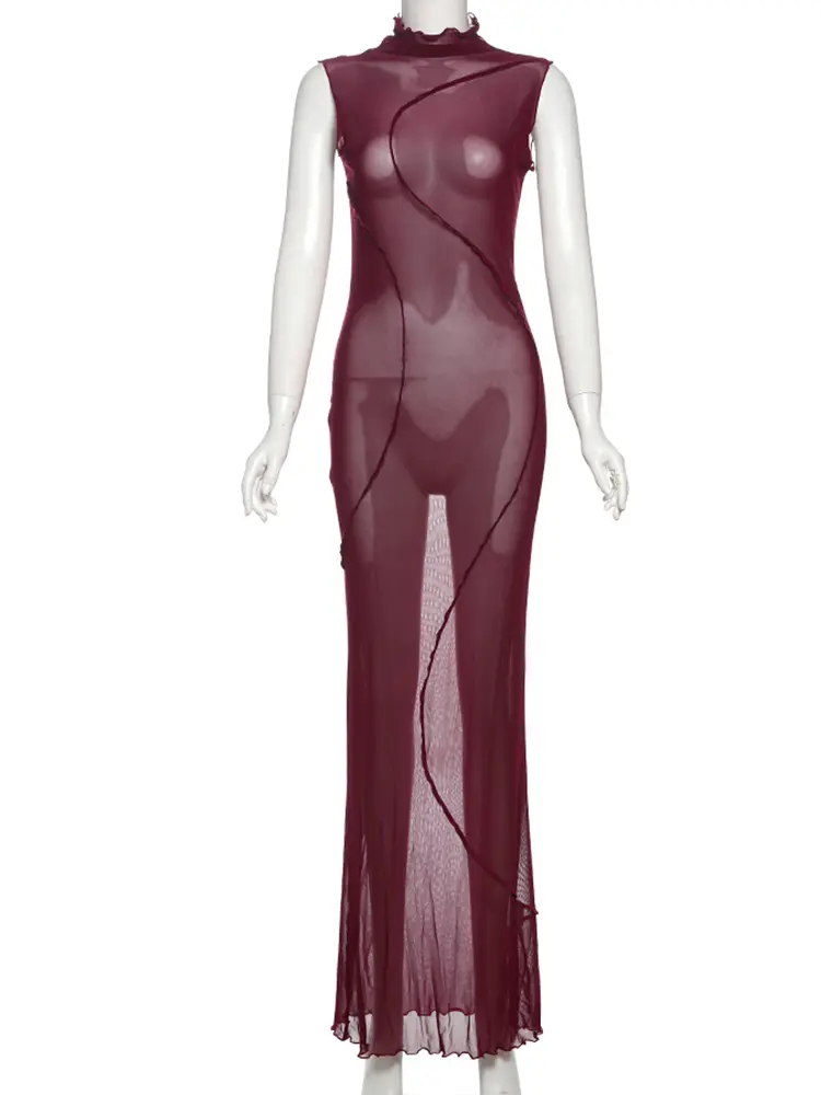 Nibber Sexy Mesh See Through Dress Women Lines Patchwork Turtleneck Sleeveless Midnight Prom Party Elegant Ruffles Long Bodycon