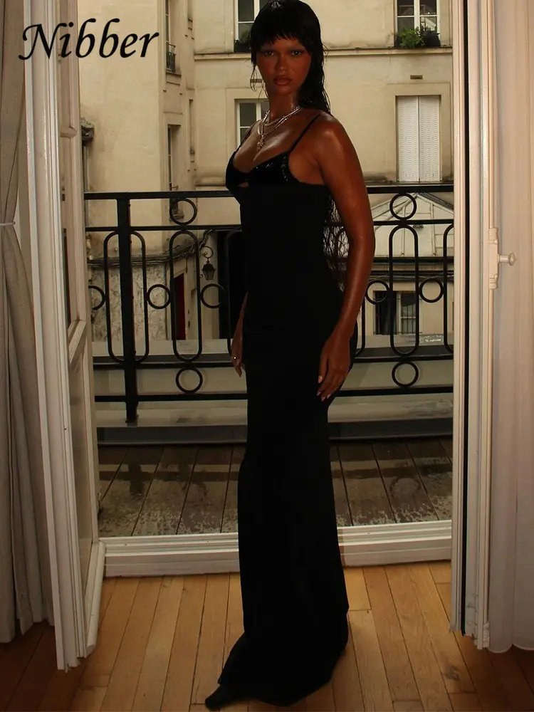 Nibber Backless Dress Women Hollow Square Collar Sleeveless Sexy Midnight Banquet Elegant Thin Party Strech Trend Long Bodycon