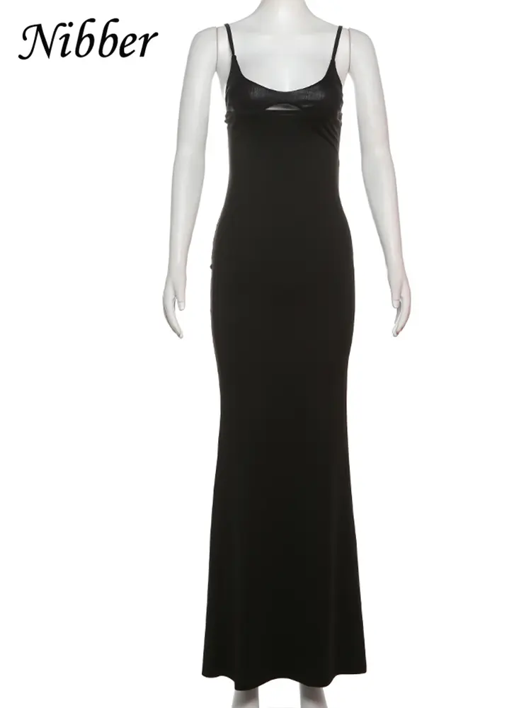 Nibber Backless Dress Women Hollow Square Collar Sleeveless Sexy Midnight Banquet Elegant Thin Party Strech Trend Long Bodycon
