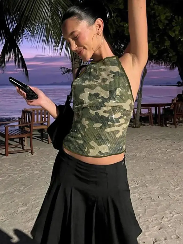 Nibber Camouflage Print Sequins Camisole Women Halter Lace-Up Backless Sleeveless Sexy Street Midnight Daily Summer Trend Tops