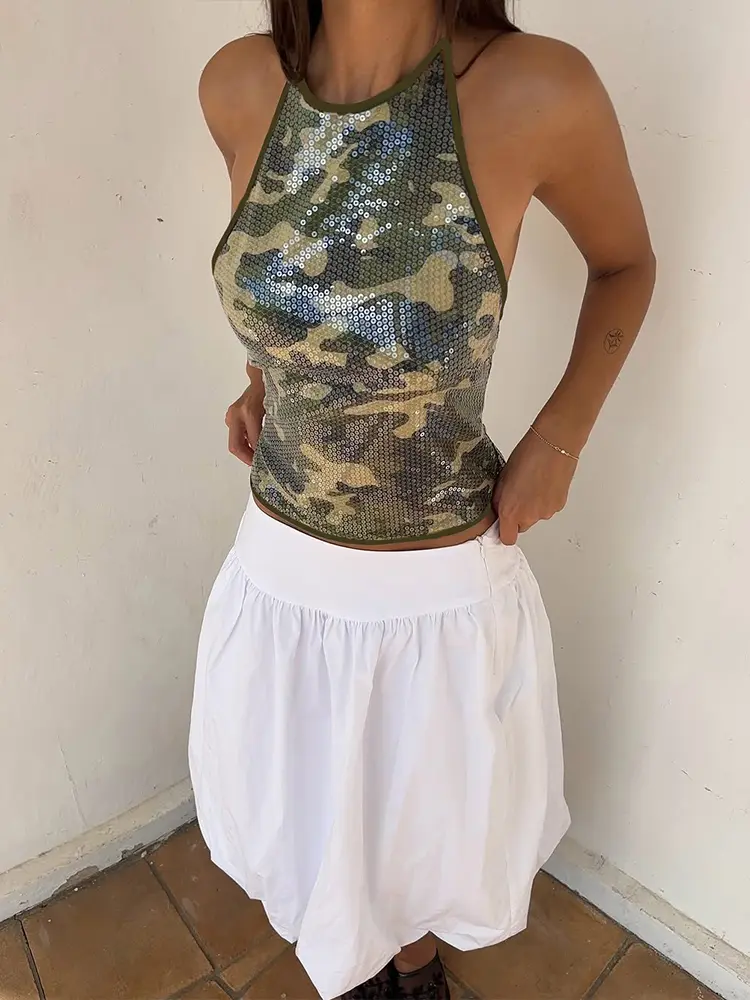 Nibber Camouflage Print Sequins Camisole Women Halter Lace-Up Backless Sleeveless Sexy Street Midnight Daily Summer Trend Tops