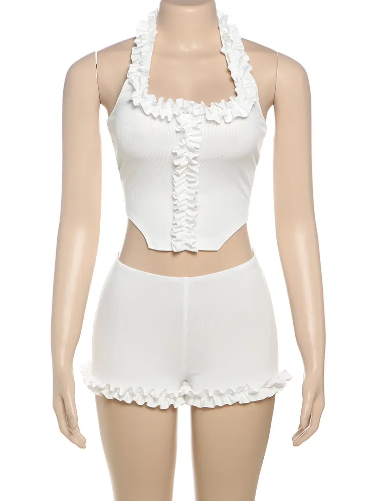 Nibber Trend Ribbed Casual Two Piece Set Women Ruffles Square Collar Backless Tank Tops+Skinny Shorts Versatile Style Outfits