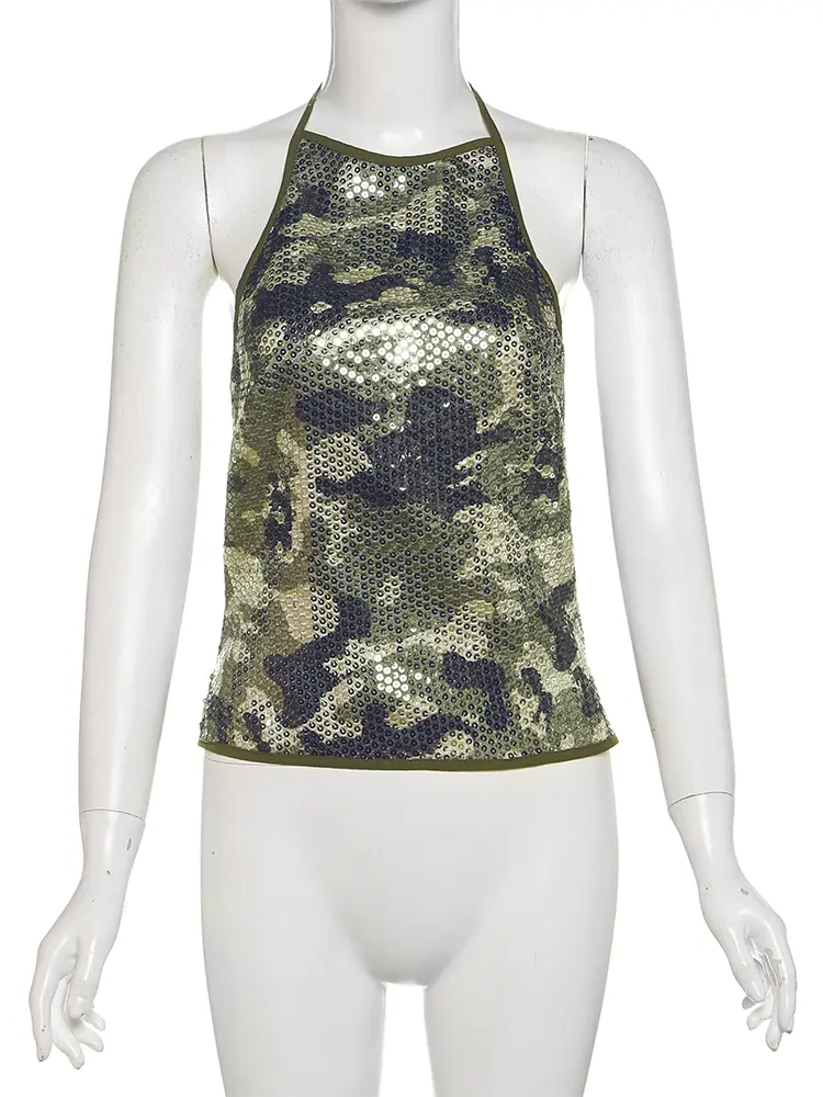 Nibber Camouflage Print Sequins Camisole Women Halter Lace-Up Backless Sleeveless Sexy Street Midnight Daily Summer Trend Tops