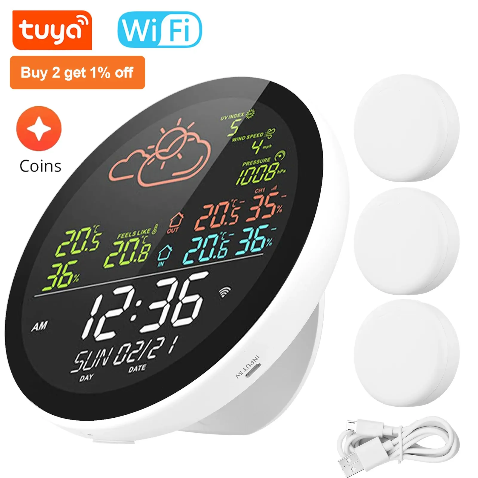 Tuya Wifi Smart Weather Station with Clock Temperature & Humidity Meter Large Weather Clock Temp. & Humidity Gauge with 3 Sensor