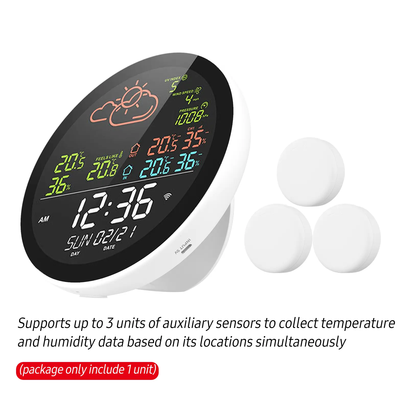 Tuya Wifi Smart Weather Station with Clock Temperature & Humidity Meter Large Weather Clock Temp. & Humidity Gauge with 3 Sensor