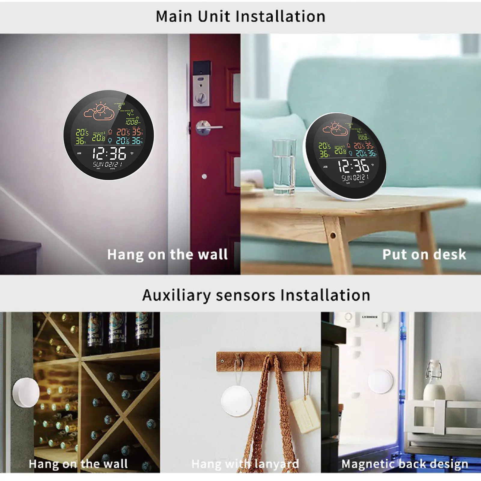 Tuya Wifi Smart Weather Station with Clock Temperature & Humidity Meter Large Weather Clock Temp. & Humidity Gauge with 3 Sensor