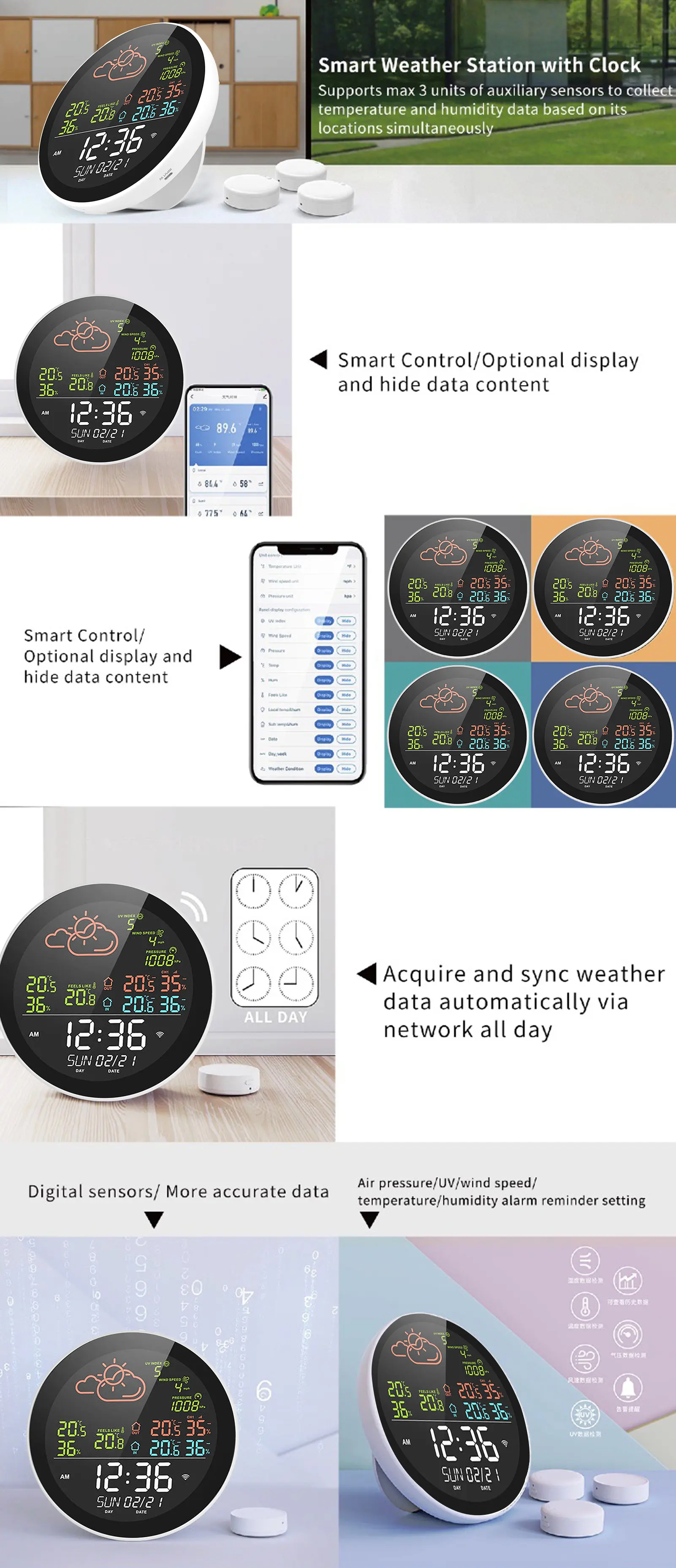 Tuya Wifi Smart Weather Station with Clock Temperature & Humidity Meter Large Weather Clock Temp. & Humidity Gauge with 3 Sensor