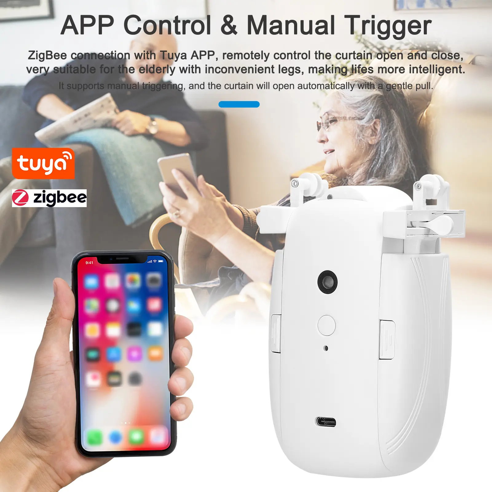 Tuya ZigBee Intelligent Curtain Motor Automatic Opener No Wiring Remote Control I-Rail/U-Rail/Roman Rod Electric Curtain Robot