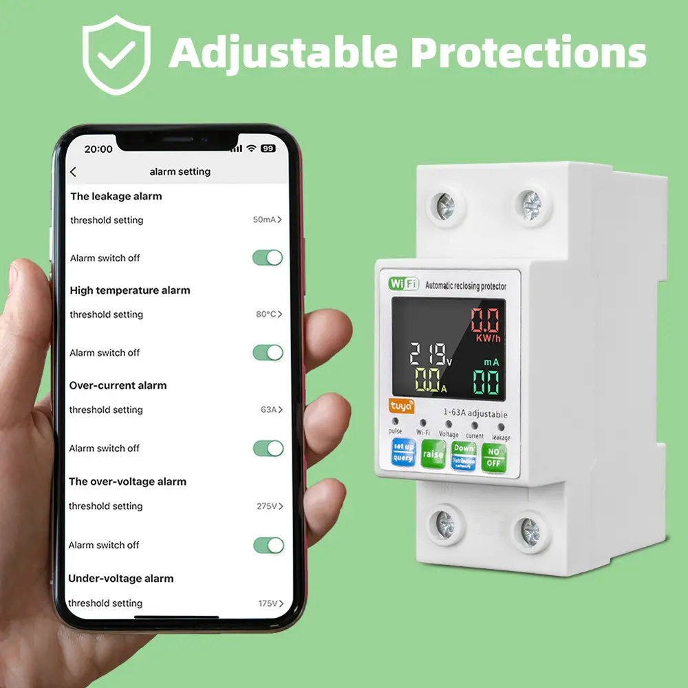 Tuya WiFi Intelligent Circuit Breaker Backlit Single-Phase Energy Meter Auto-Reclosing Protector with LCD Display Remote Control