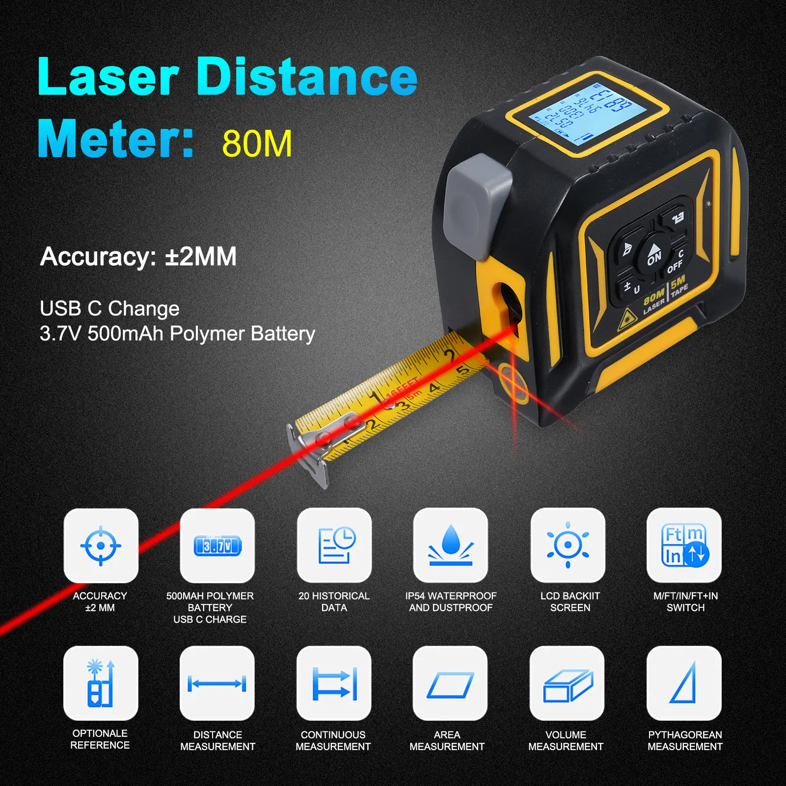 3in1 Laser Rangefinder Distance Meter Laser Cross-marking 5M Tape Measure Continuity Area Volume Pythagorean Laser Tape Measure