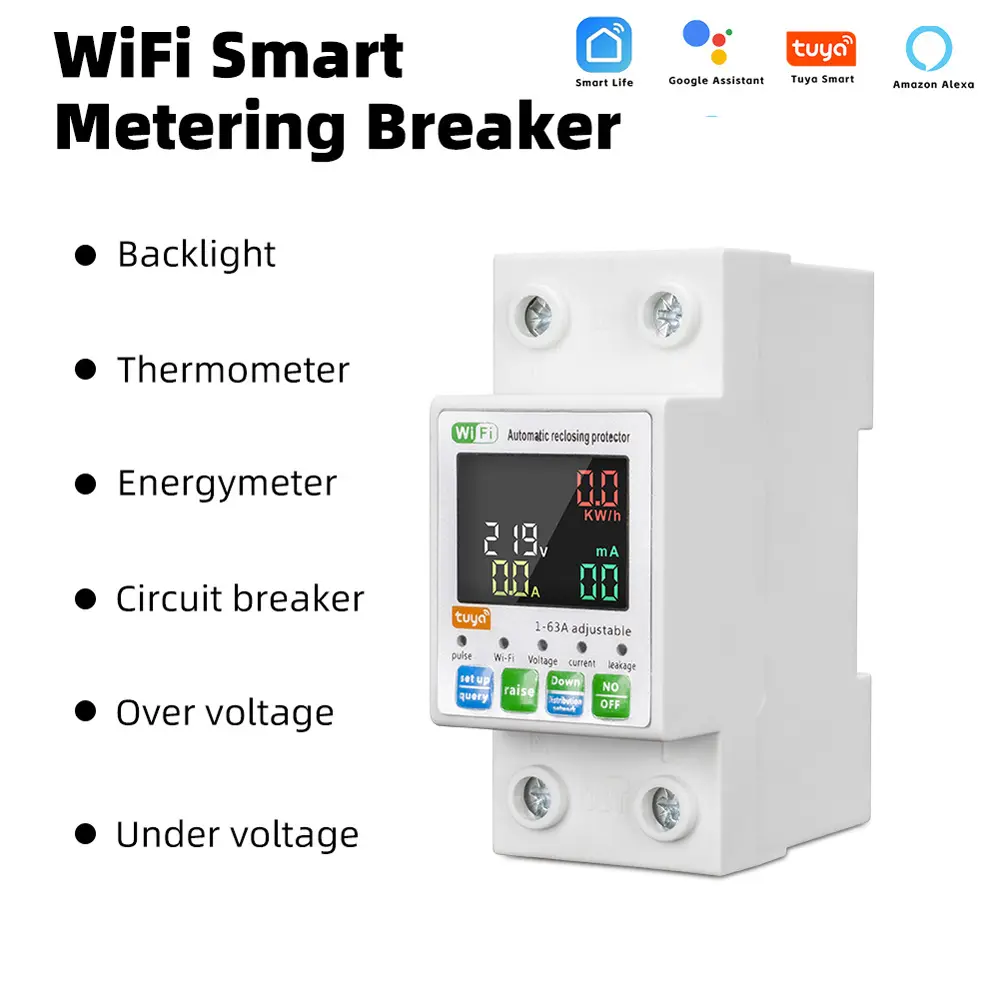 Tuya WiFi Intelligent Circuit Breaker Backlit Single-Phase Energy Meter Auto-Reclosing Protector with LCD Display Remote Control