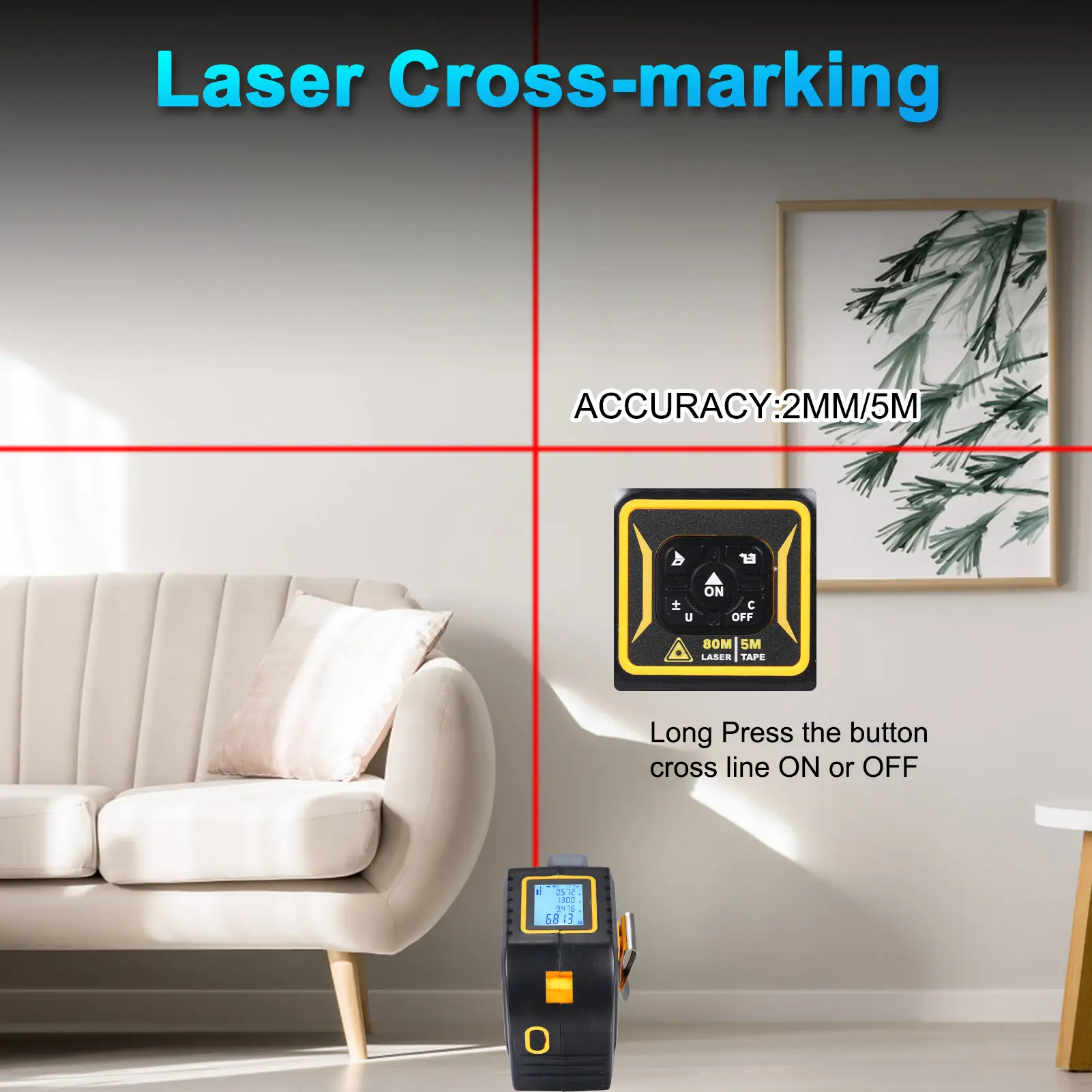 3in1 Laser Rangefinder Distance Meter Laser Cross-marking 5M Tape Measure Continuity Area Volume Pythagorean Laser Tape Measure