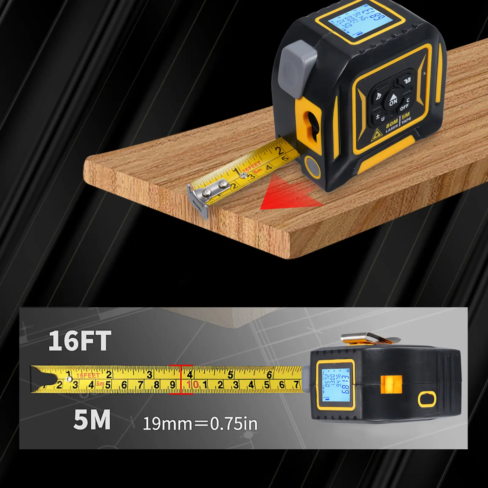 3in1 Laser Rangefinder Distance Meter Laser Cross-marking 5M Tape Measure Continuity Area Volume Pythagorean Laser Tape Measure