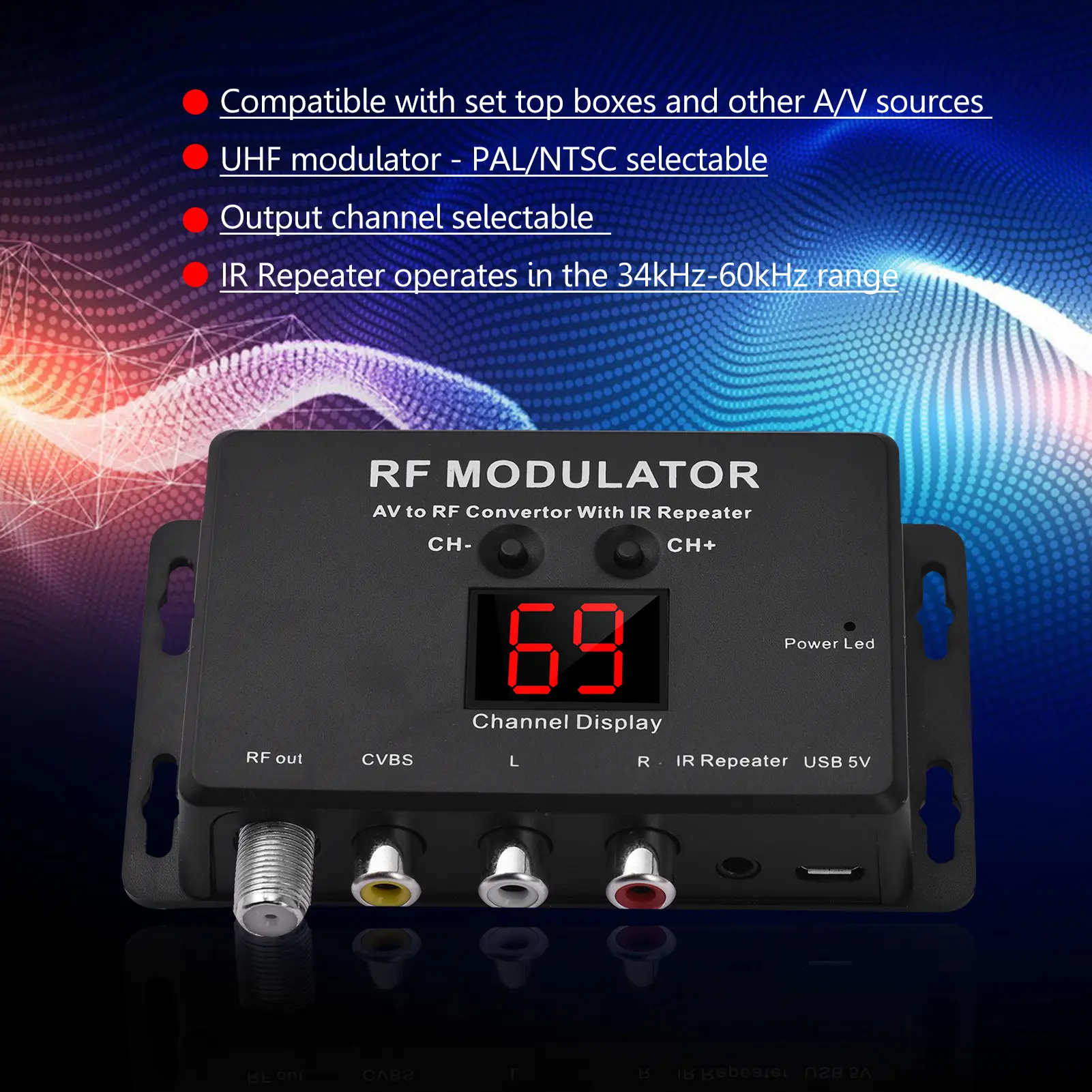 M60IR RF Modulator with IR Repeater AV to RF Converter with IR Repeater To modulate Audio/Video/signal to RF signal over coaxial