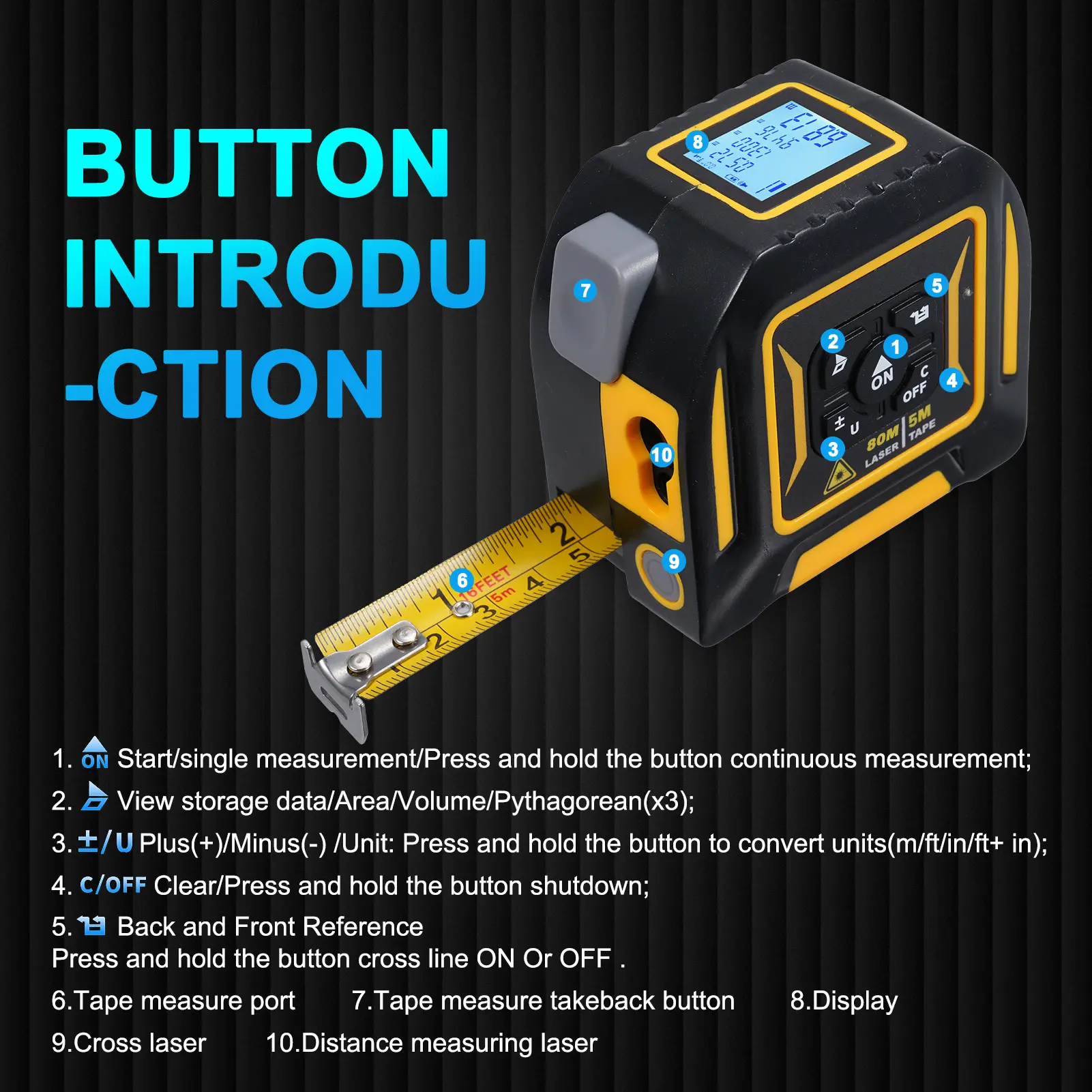 3in1 Laser Rangefinder Distance Meter Laser Cross-marking 5M Tape Measure Continuity Area Volume Pythagorean Laser Tape Measure