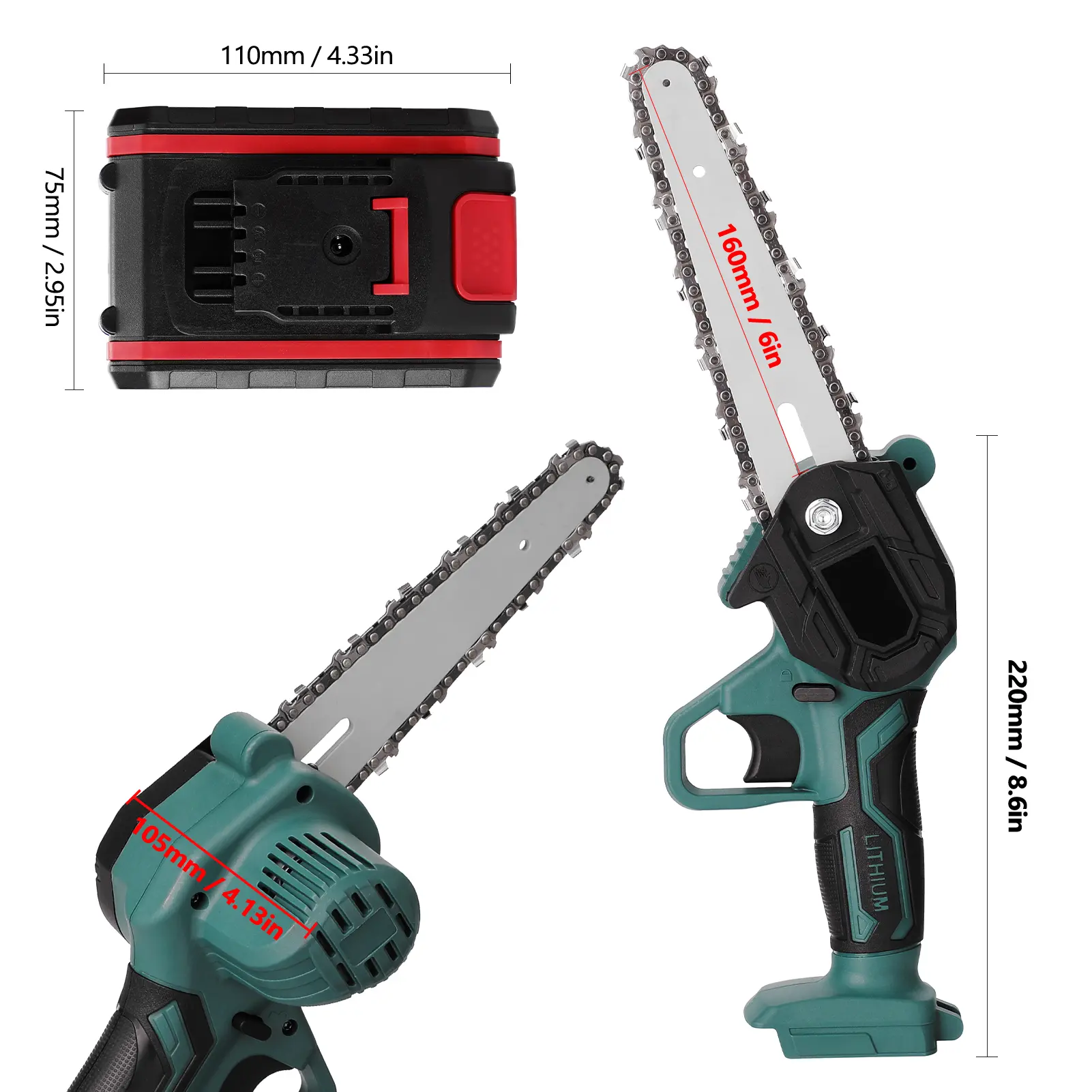 KKMOON 21V 24V 4Inch 6 Inch Electric Chain Saw Cordless Mini Handheld Pruning Saw Portable Woodworking Electric Saw Cutting Tool