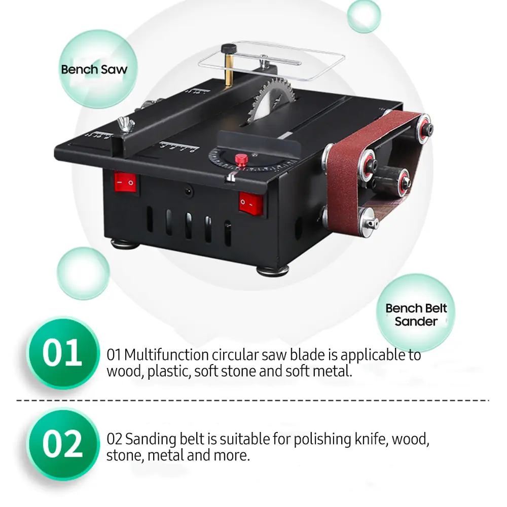 150W Mini Bench Saw Variable Speed Circular Table Saw 30mm Cutting Depth DIY Benchtop Sanding Machine with 10 Sanding Belts