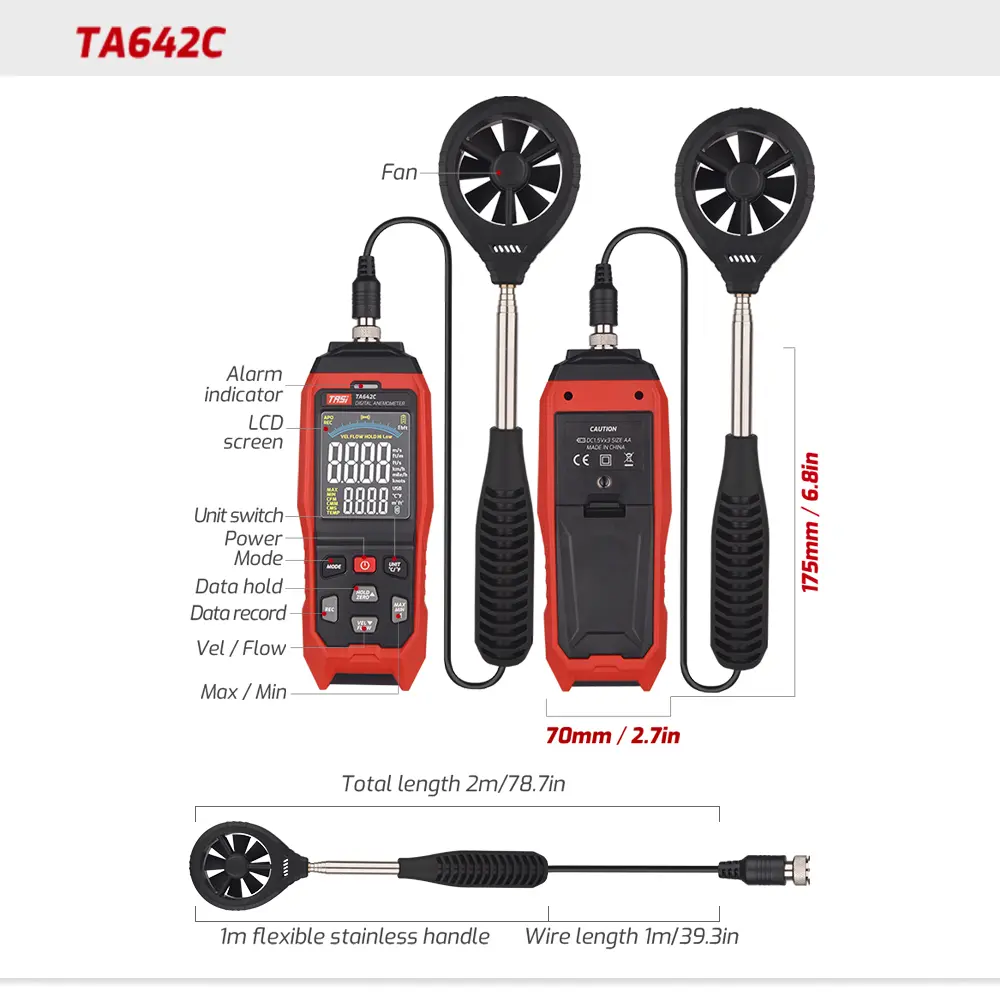 TASI TA642 Digital Anemometer Handheld Wind Speed Meter Measuring Air Flow Speed Wind Temperature LCD Backlight Thermometer