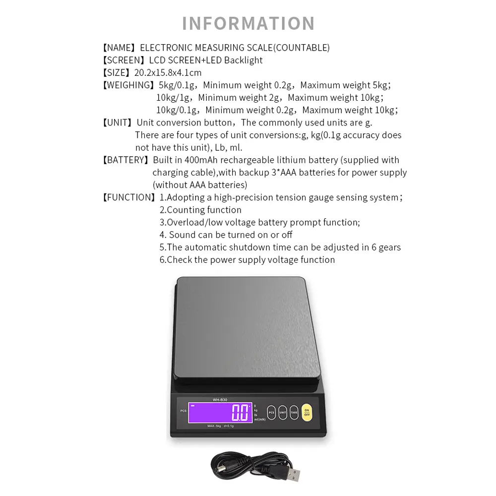 5KG 10KG Rechargeable Baking Electric Scale IP67 Waterproof High Accurate Kitchen Scale Counting Tare Zeroing Auto Power Off