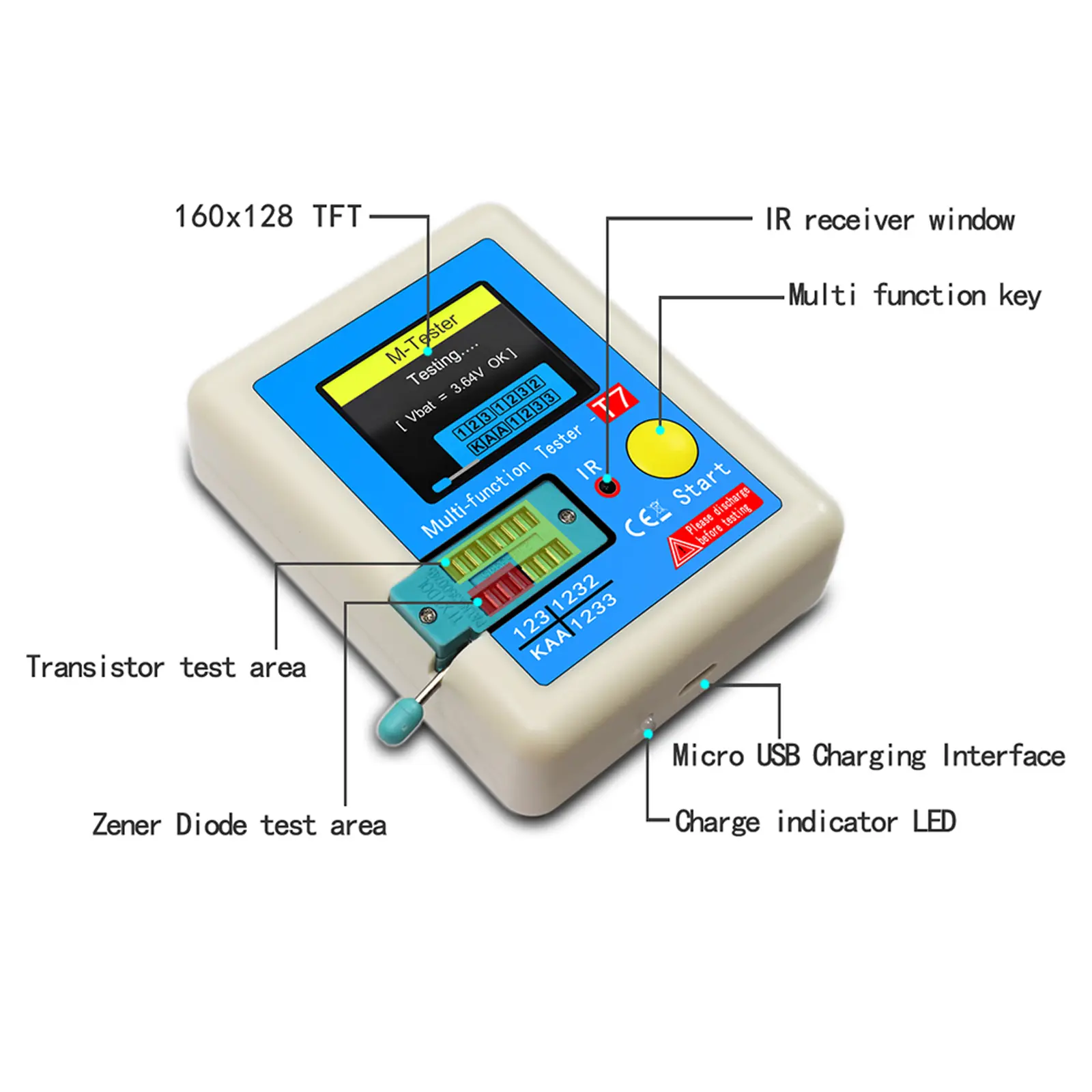LCR-T7 Full Color Display Transistor Meter Capacitance Resistance Tester for Diode Triode Capacitor Resistor Transistor LCR NPN