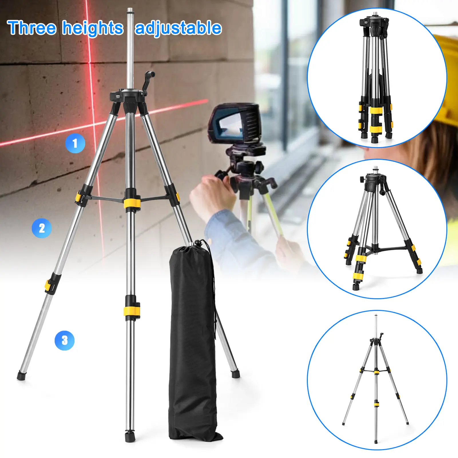 1.2M 3 Height Adjustment Tripod Stand Stainless Steel Extension Bar Tripod Stand For Laser Level Holder with Bubble-level