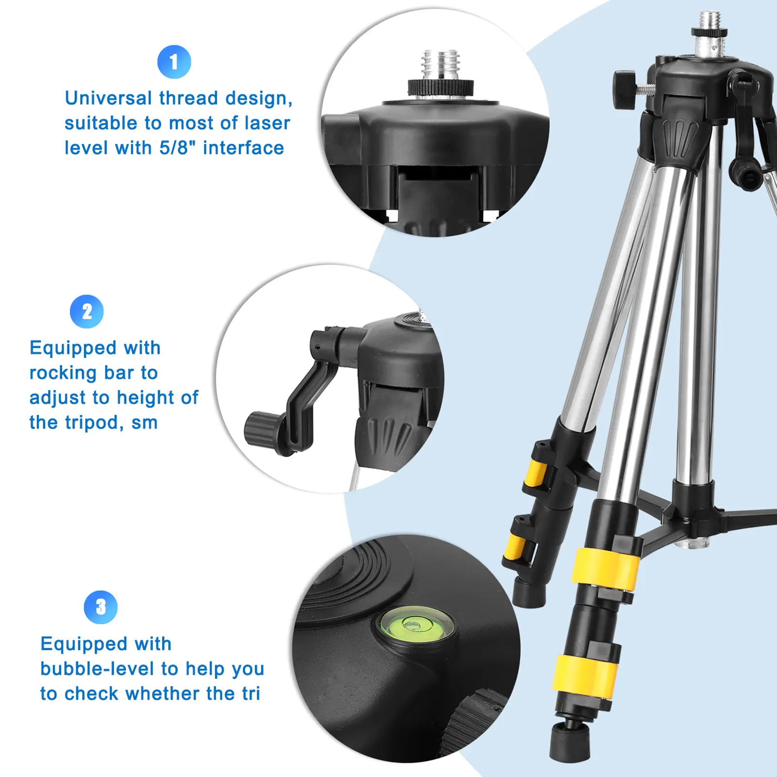 1.2M 3 Height Adjustment Tripod Stand Stainless Steel Extension Bar Tripod Stand For Laser Level Holder with Bubble-level