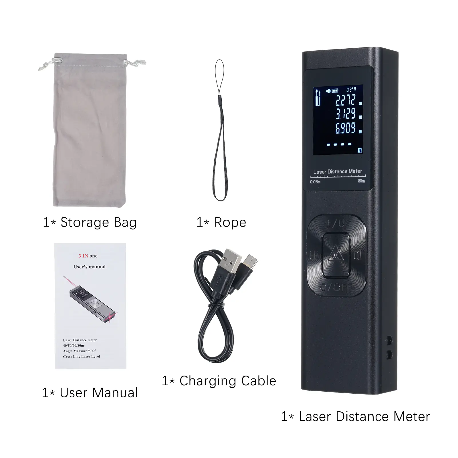 3in1 Laser Distance Meter Angle Measure Cross Line Laser Level Rechargeable Inclinometer Electric Angle Sensor with Backlit LCD