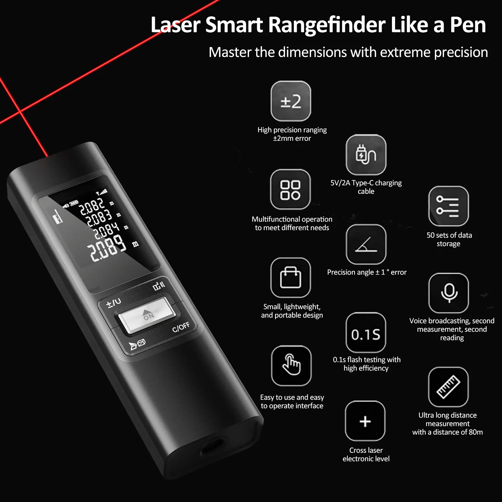 Handheld Rangefinder Laser Distance Meter 40M 60M 80M ±2mm Digital Mini Distance Measuring Meter Rechargeable Laser Rangefinder