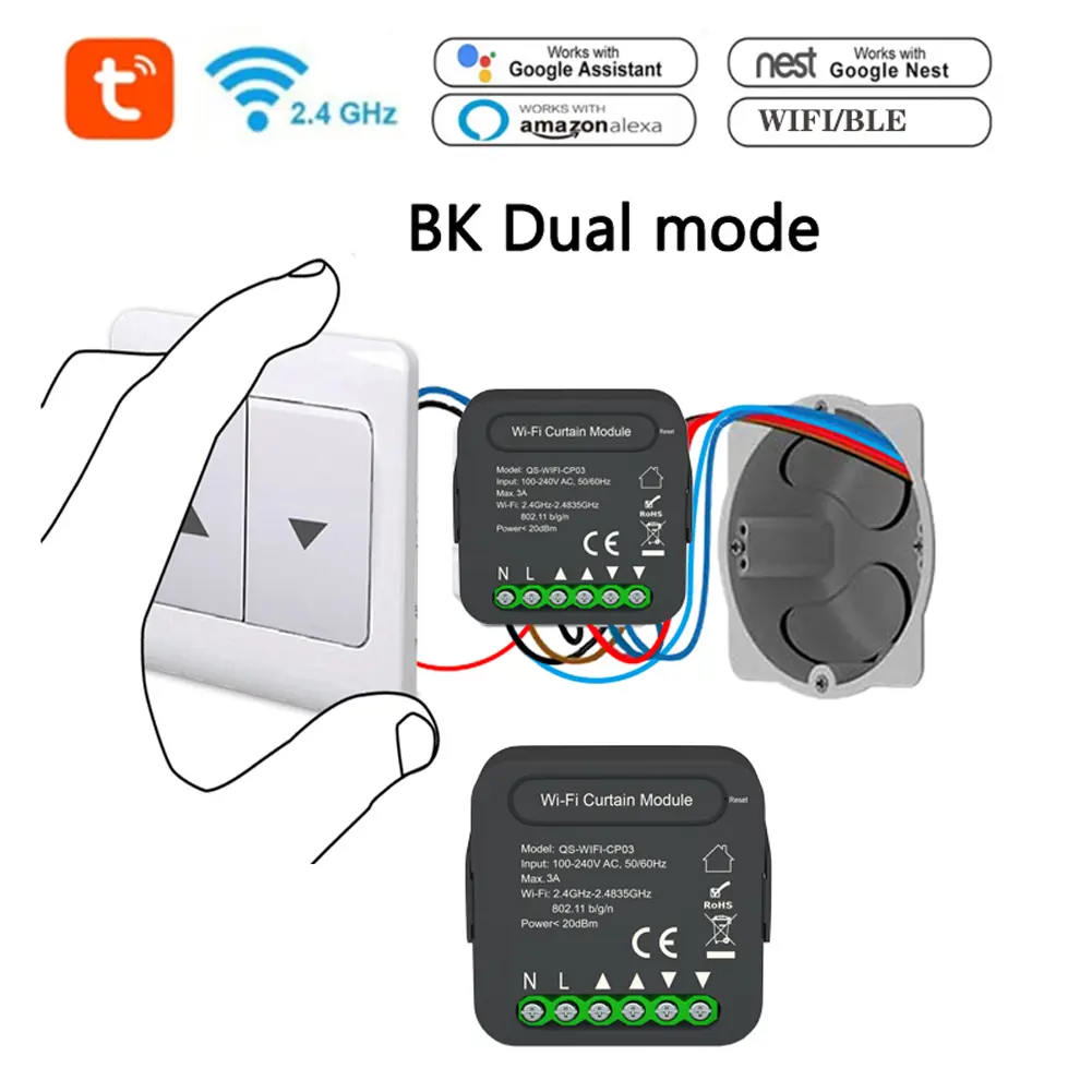QS-WIFI-CP03 Tuya WiFi Intelligent Curtain Switch Module for Roller Shutter Blinds Motor Smart Home Google Home Alexa Control
