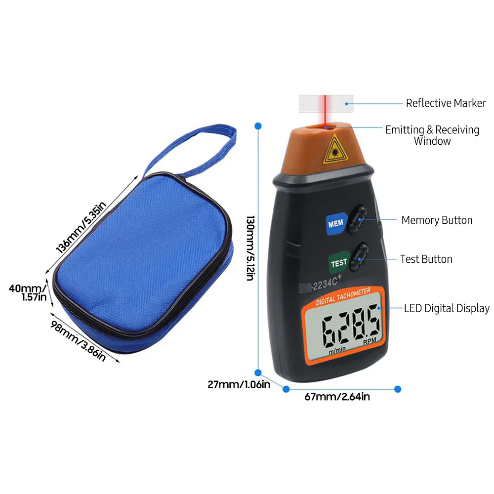 Digital Tachometer 2.5-99999RPM Non-contact Handheld Laser Rotation Speed Meter for Motors Fans Washing Machine Automobiles