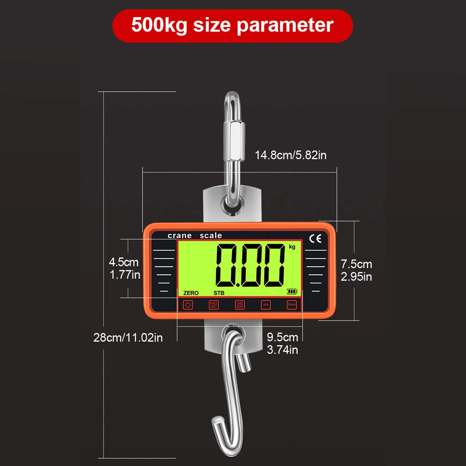 Industrial Hanging Scale 500kg/1100lbs Heavy Duty Digital Crane Scale with 4" LCD Display and Hooks, Ideal for Construction