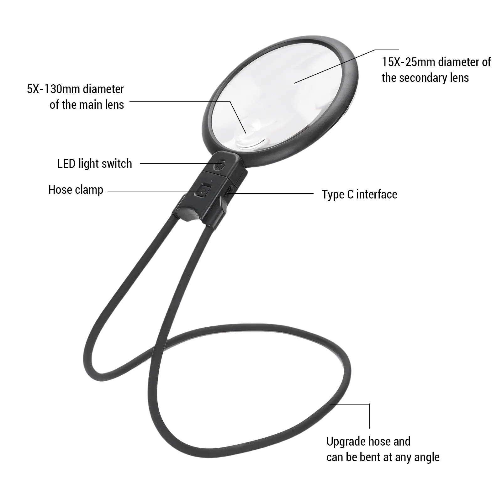 Reading Magnifying Glass Bright Adjustable Angle 2A Flexible Gooseneck Magnifier Clear Neck Hook 3 Level Brightness for Sewing