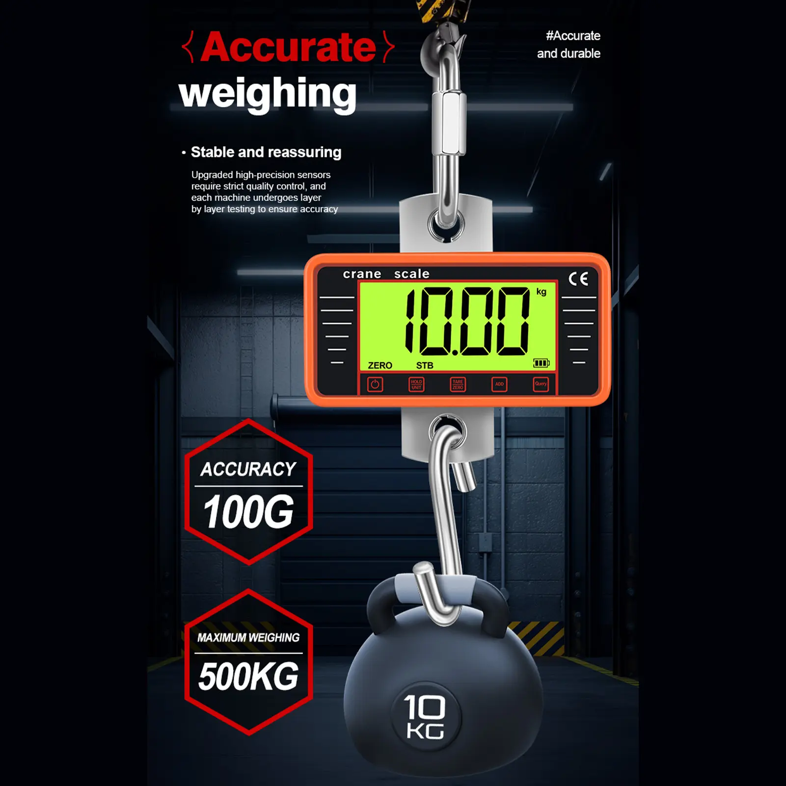 Industrial Hanging Scale 500kg/1100lbs Heavy Duty Digital Crane Scale with 4" LCD Display and Hooks, Ideal for Construction