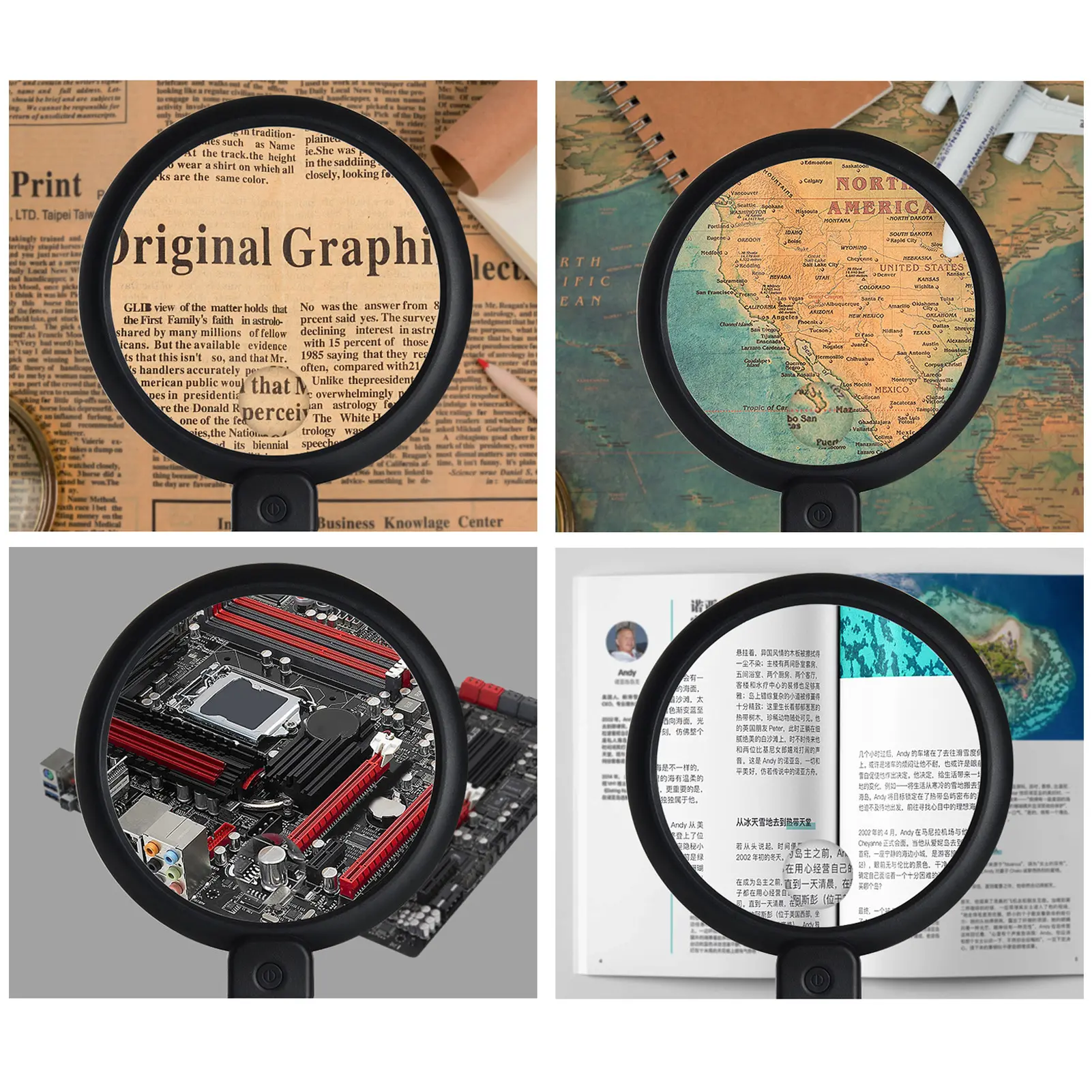 Reading Magnifying Glass Bright Adjustable Angle 2A Flexible Gooseneck Magnifier Clear Neck Hook 3 Level Brightness for Sewing