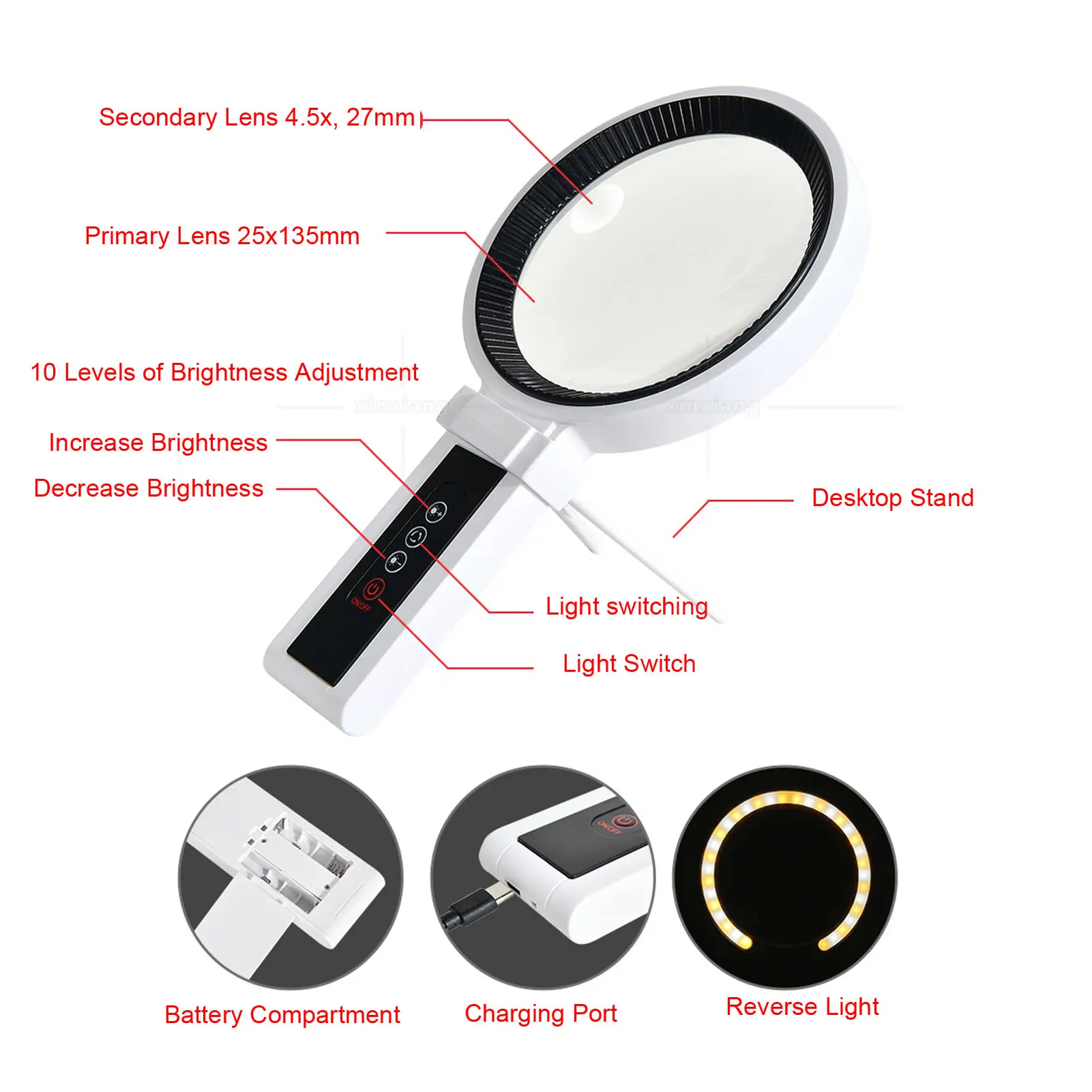 Handheld Illuminated Lighted Magnifier 10 Brightness Adjustment LED Illuminated Lighted Magnifier 5 Lighting Modes for Reading