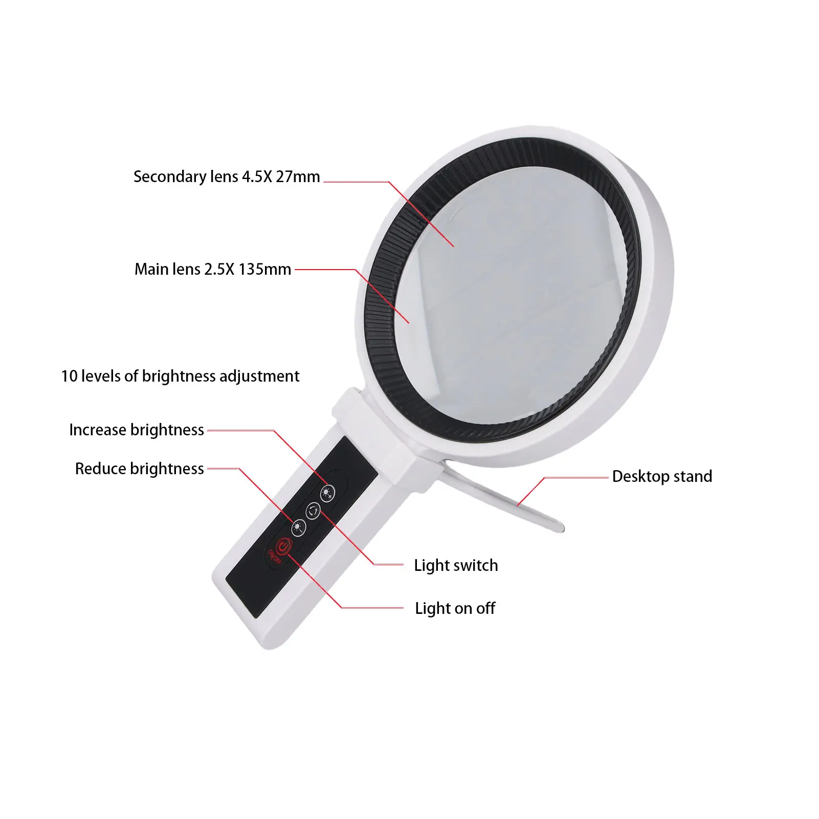 Lighted Magnifying Glass Professional Optical Lenses 5 Modes 2.5X + 4.5X Reading Lighted Magnifying Glass with Stand for Crafts