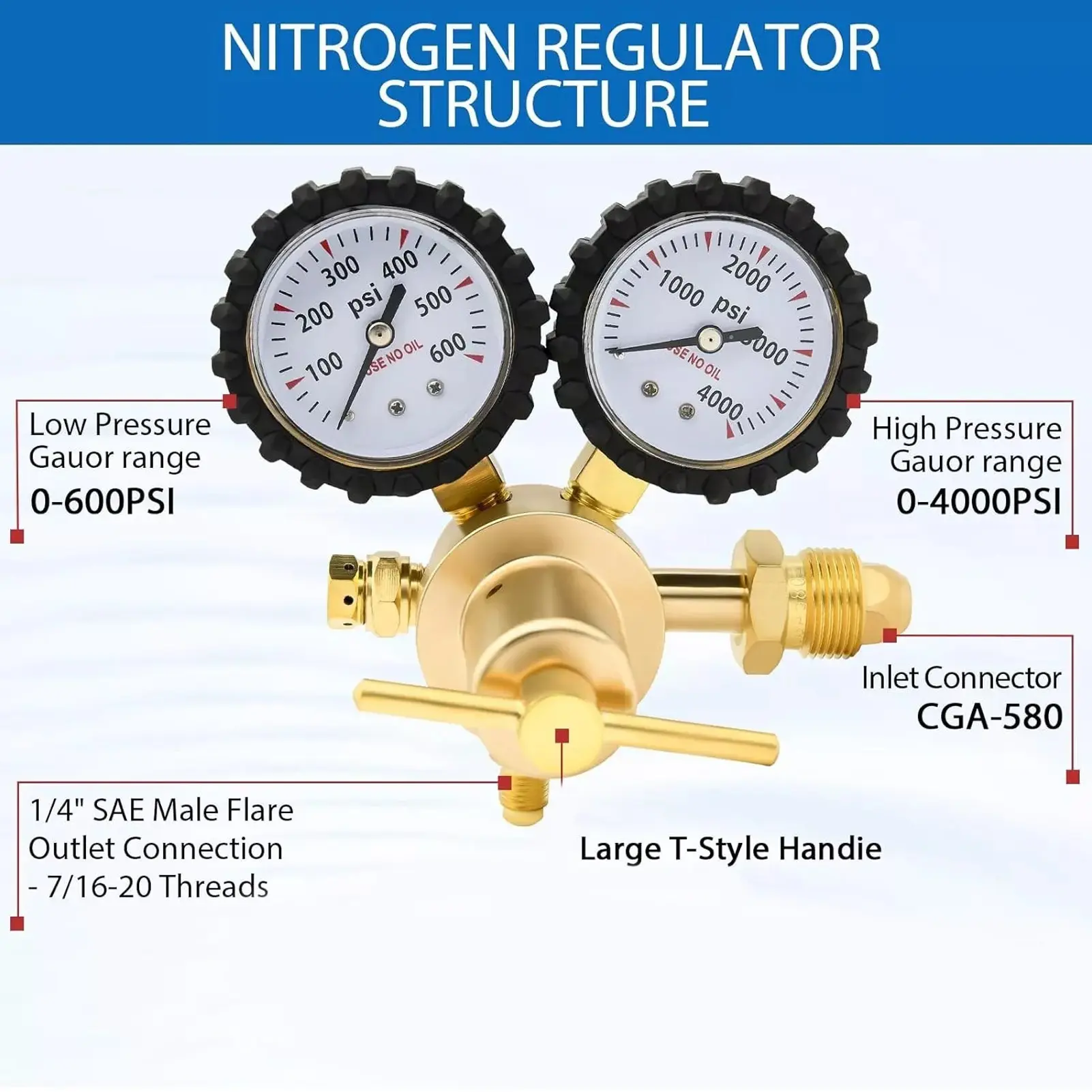 Nitrogen Regulator Effective Filtration CGA580 Inlet Connection Nitrogen Regulator 0-800PSI Accurate with 60in Hose for Welding