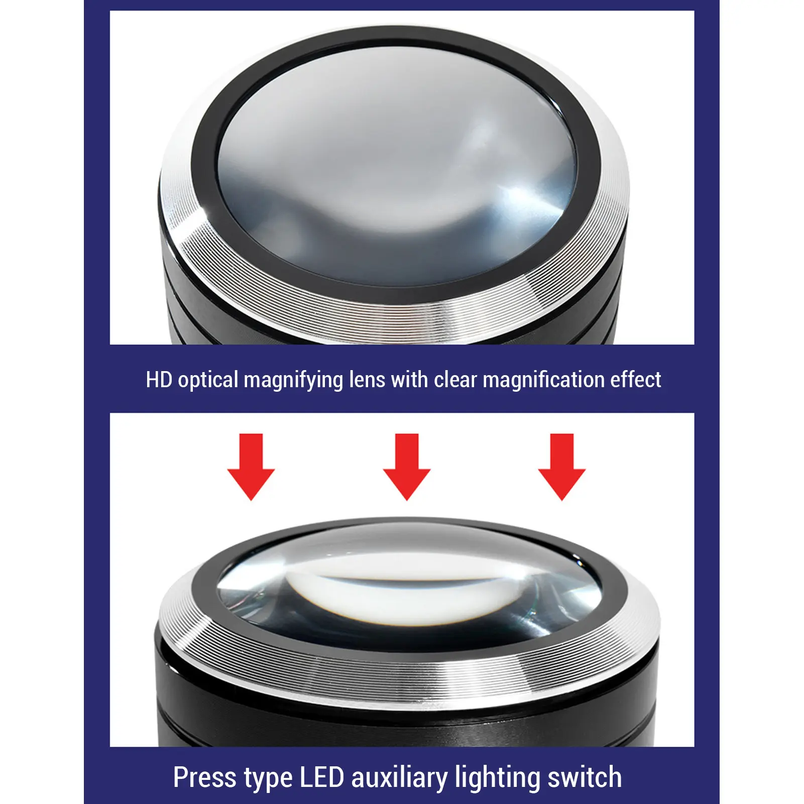 5X Cylinder Magnifying Glass Aluminum Alloy 6 LED Lights 70mm Diameter Lens K9 Optical Glass Desktop Magnifier Magnifying Glass