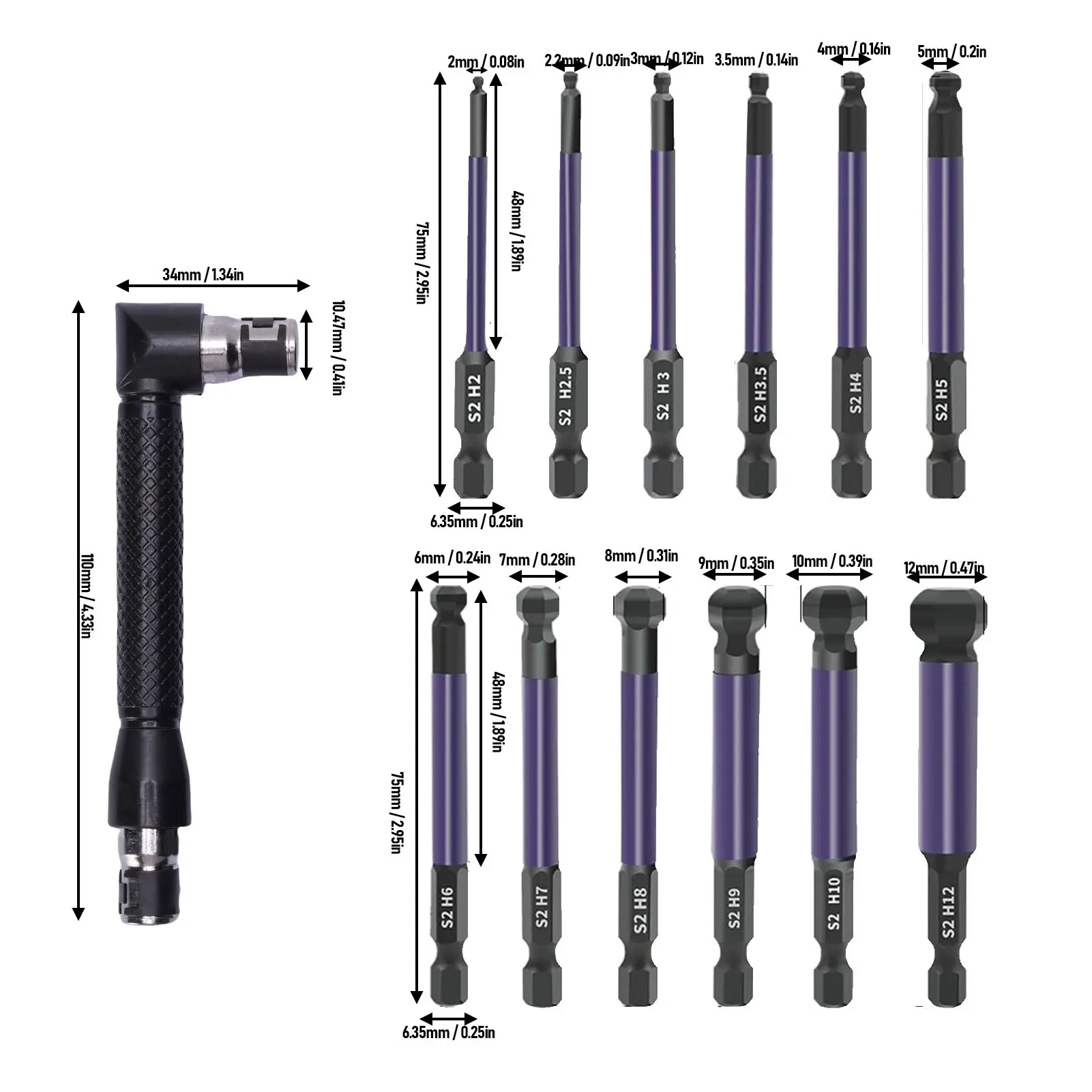 12 Pcs  Ball End Screwdriver Bit Ball End Hex Head Drill Bit 1/4in Hex Shank High Hardness Multipurpose for Manual Screwdrivers