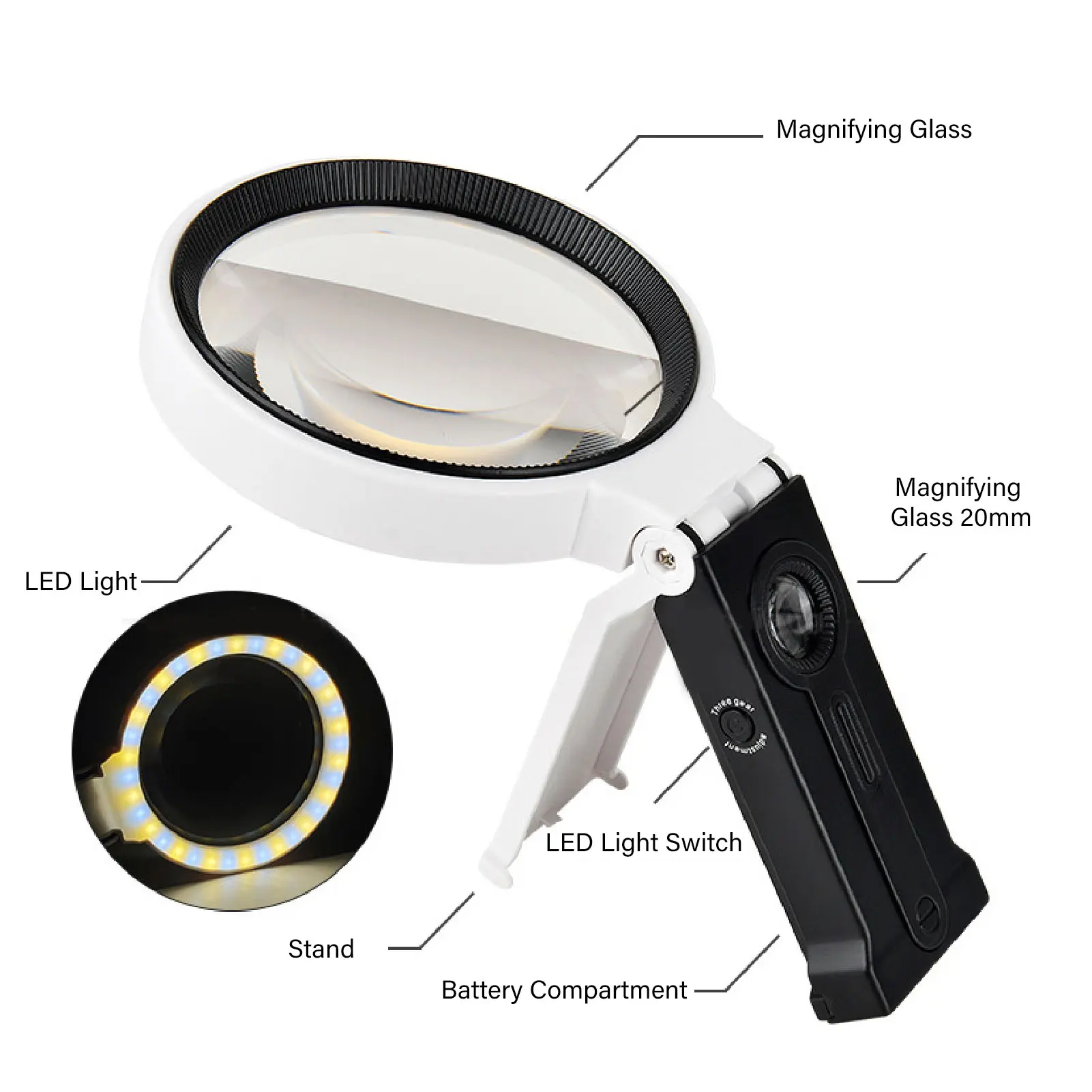 Magnifying Glass ABS Frame Portable Multifunctional 3.5x 25x Magnification 4 Lighting Modes Handheld Magnifier for Observation