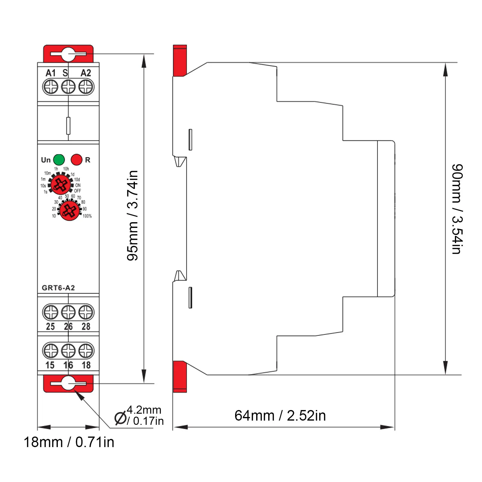 Single Function Time Relay On 2 SPDT Outputs 0.1s to 10 Days Electronic Power On Timer AC DC 24-240V GRT6-A2 Time Relay