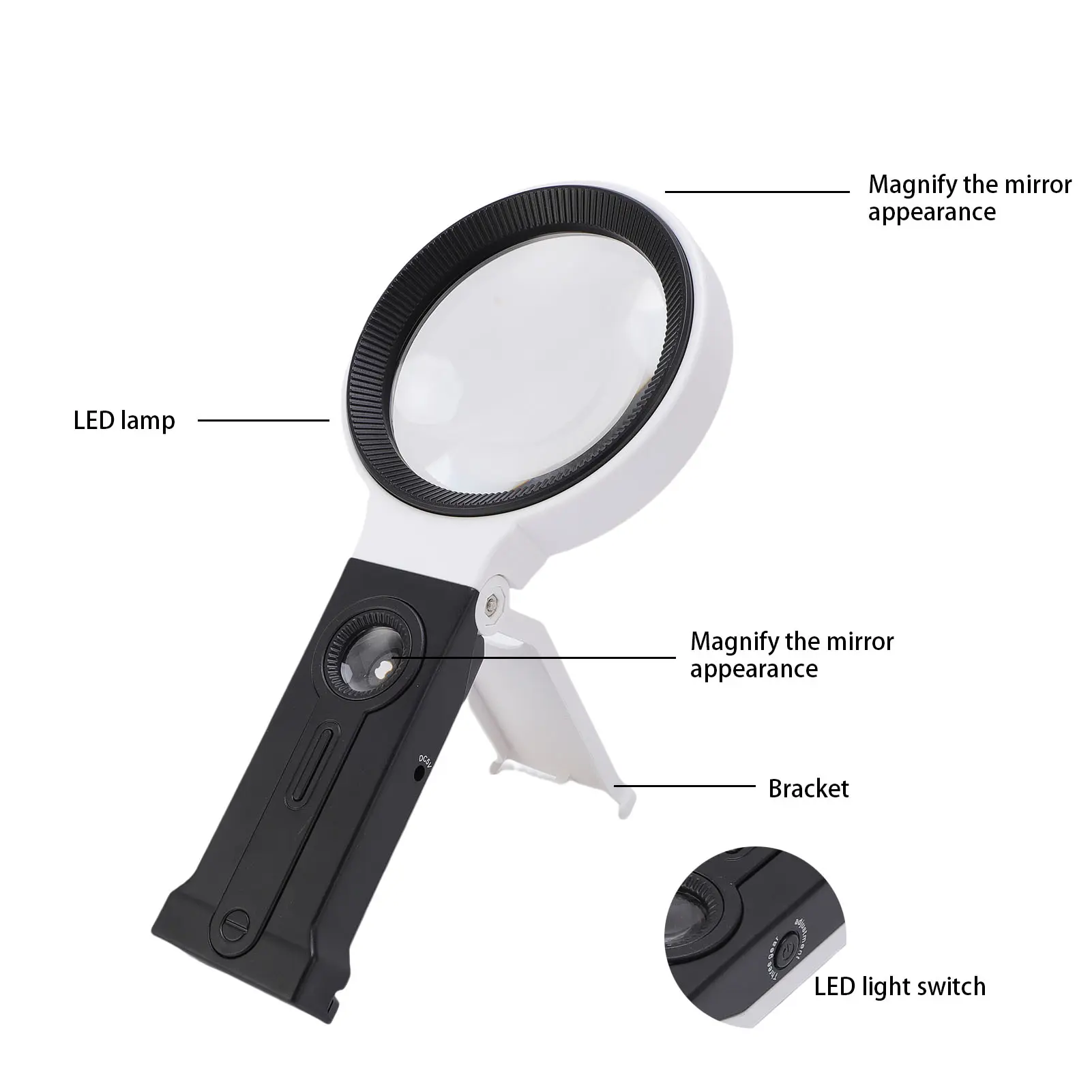 Folding Handheld Magnifier 5X 25X 90mm Single Layer Glass 32 LED Lights Magnifying Glass with Desktop Stand