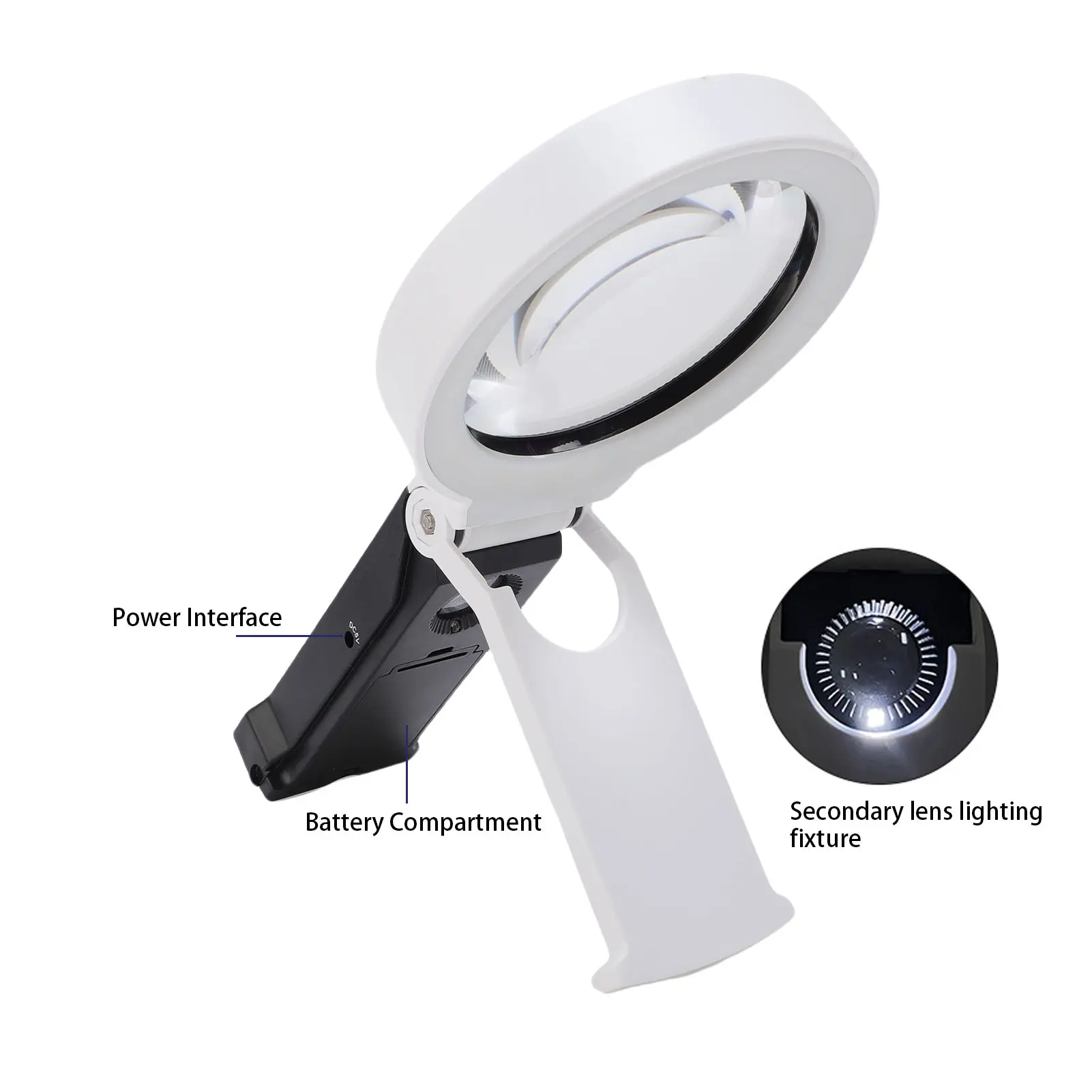 Folding Handheld Magnifier 5X 25X 90mm Single Layer Glass 32 LED Lights Magnifying Glass with Desktop Stand