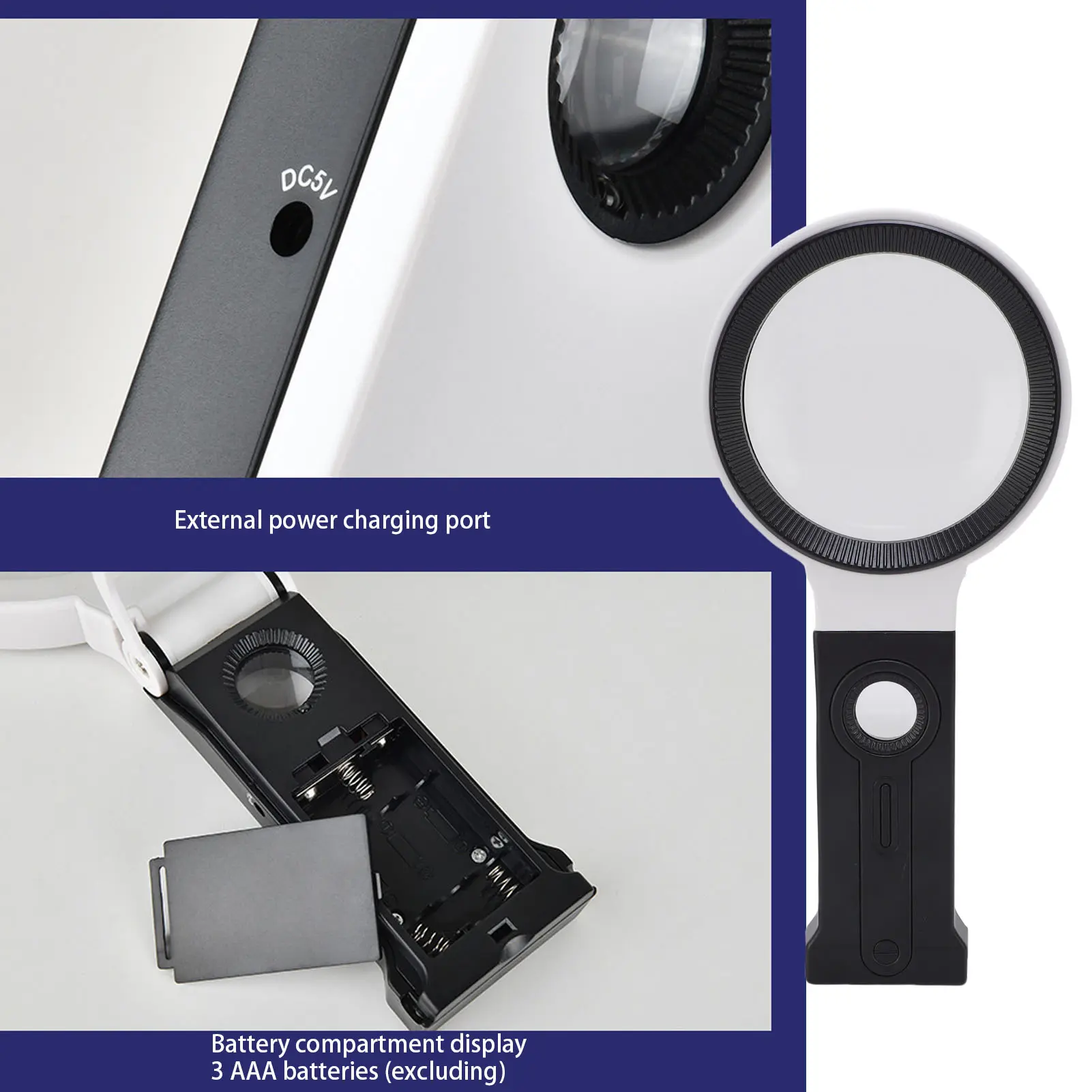 Folding Handheld Magnifier 5X 25X 90mm Single Layer Glass 32 LED Lights Magnifying Glass with Desktop Stand