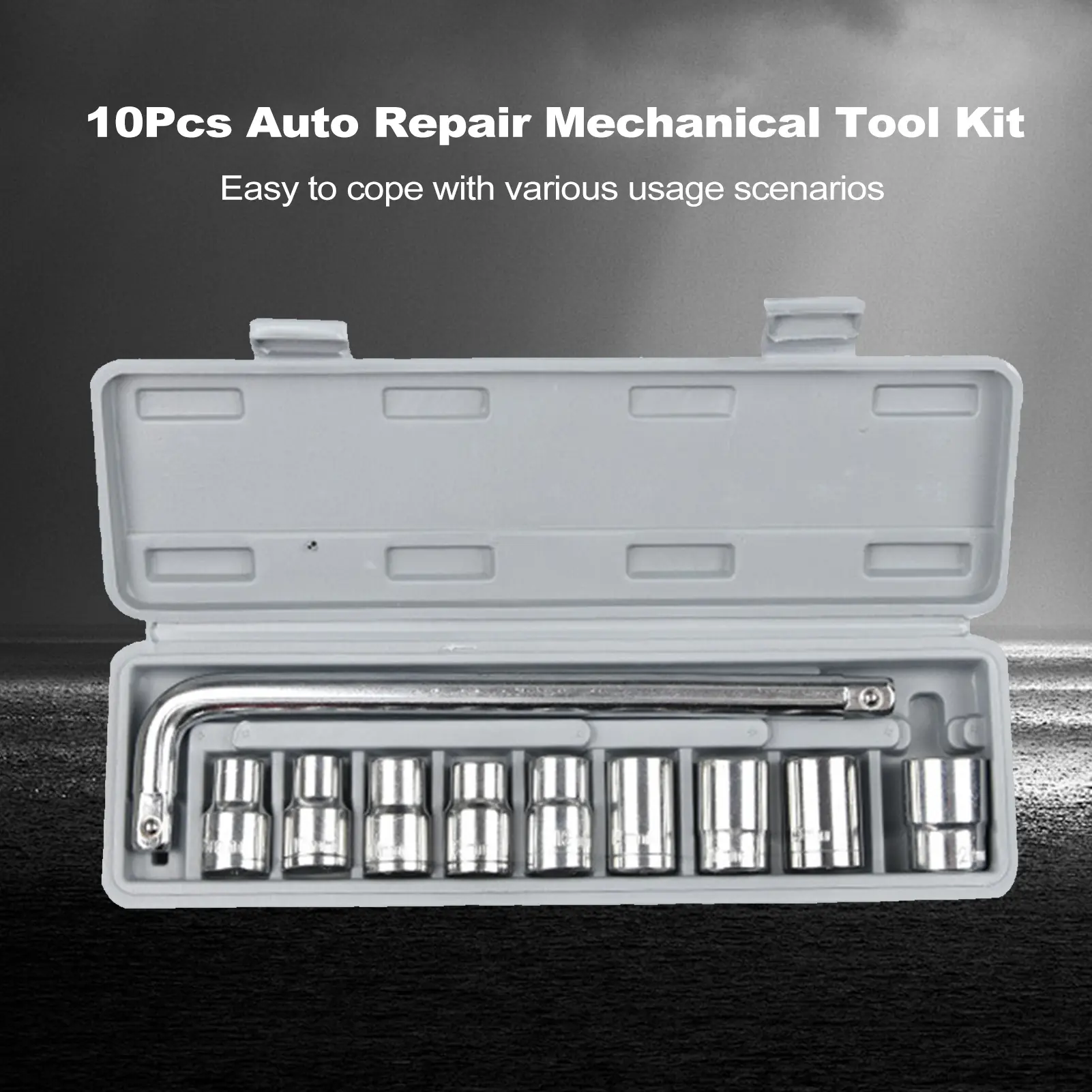 10Pcs 1/2 Wrench Socket Set Carbon Steel 8-21mm Auto Repair Tool Mechanical Socket Tool Combination Set with Gray Storage Box
